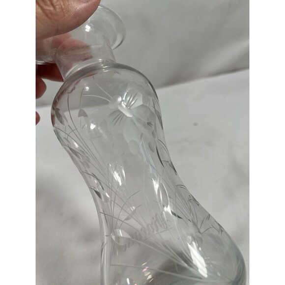 Vintage Crystal Etched Glass Handcrafted Oil Vinegar Bottle No Stopper Signed - Picture 6 of 11